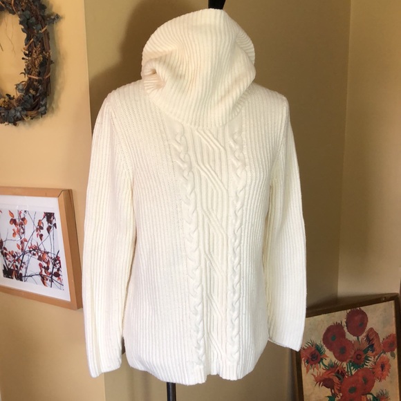 TALBOTS Size Large P Rib Fisherman Turtleneck ECRU Cotton Rayon Cashmere Nylon - Picture 6 of 13